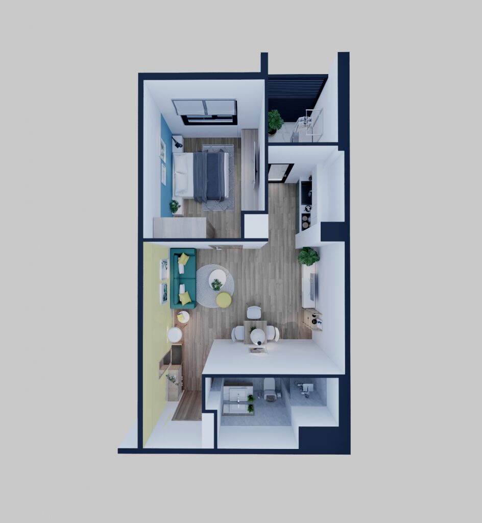 Render of a bright, open-plan studio apartment