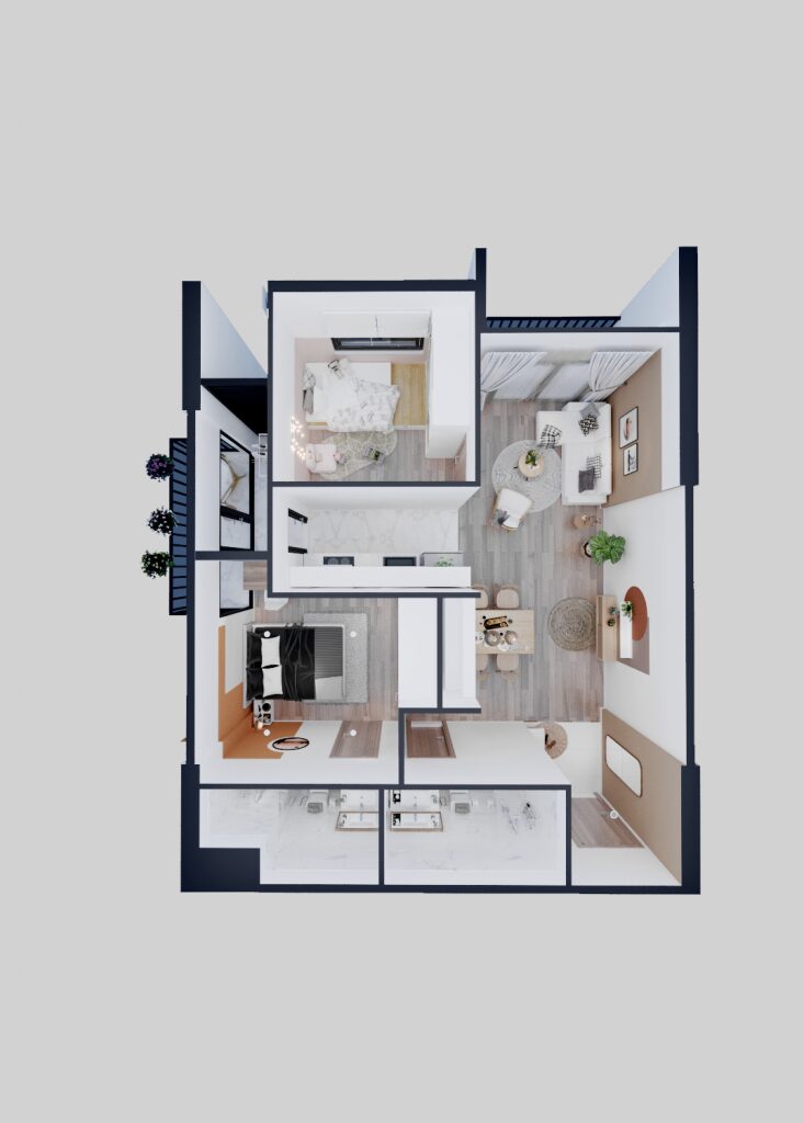 Render of a spacious living room and open kitchen in a 2-bedroom apartment