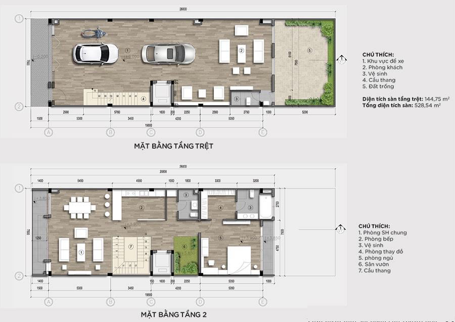 Mặt Bằng Tầng Trệt và Tầng 2