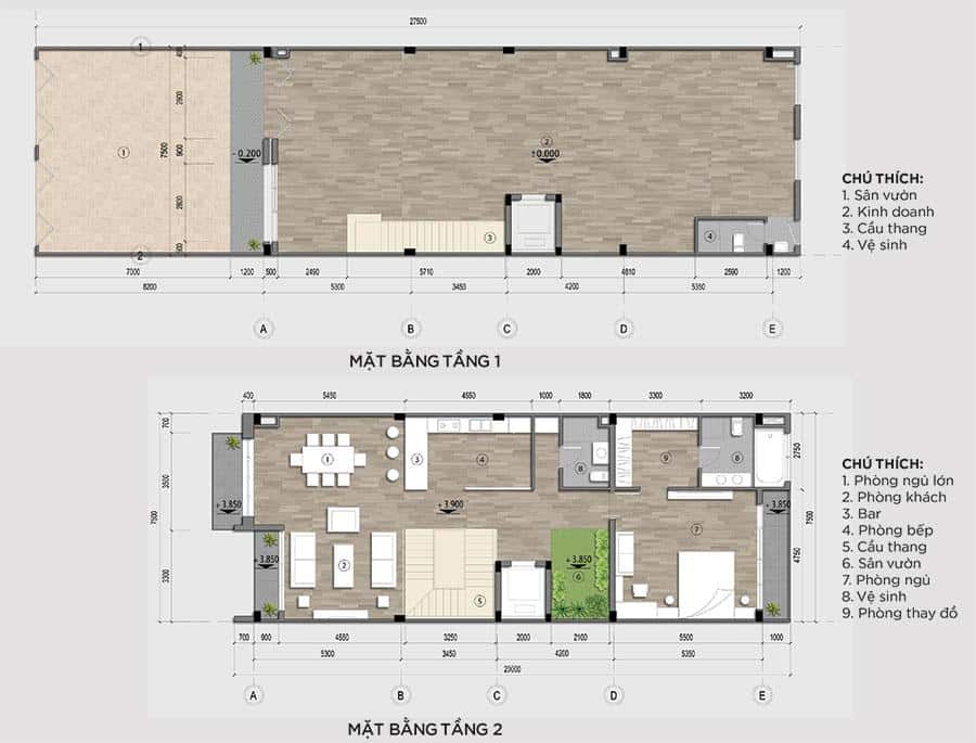 Mặt Bằng Tầng 1 và Tầng 2 Căn Shophouse Ven Sông.